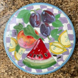 DESIGN IMPORTS Trivet Hot Plate Melamine Maret 1993 Fruit 8” Round Italy Purple